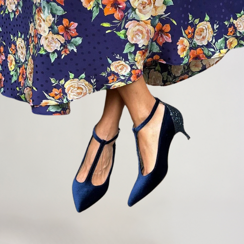 Torun | Elegante blå T-stropp hæler med glitterdetalj